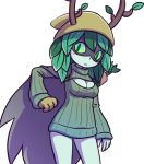  1girl adventure_time alternate_costume arrow bare_legs bow_(weapon) cartoon_network female green_eyes green_hair huntress_wizard leaf long_hair matching_hair/eyes nollety open-chest_sweater solo sweater weapon 