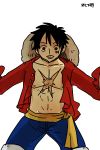  1boy long_sleeves male_focus monkey_d_luffy one_piece open_clothes open_shirt red_shirt sash scar shirt solo 