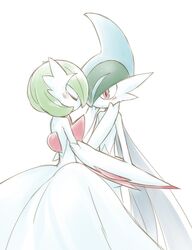  arm_blade blush closed_eyes gallade gardevoir hug mega_gallade mega_gardevoir no_humans pokemon pokemon_(game) utsugi_(skydream) weapon 