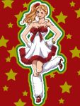  1girl bare_shoulders brown_eyes christmas dress fur_trim hand_on_hip kuri_(pienu) leg_lift looking_at_viewer nami_(one_piece) one_piece orange_hair side_ponytail smile solo standing tattoo wink 