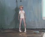  1boy blonde_hair blush child highres indoors male_focus original shirt shower sinartick solo standing t-shirt 