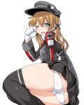  1girl anchor_hair_ornament ass black_legwear blonde_hair blush butt_crack dd_(ijigendd) gloves hair_ornament hat iron_cross kantai_collection long_hair long_sleeves looking_at_viewer military military_uniform one_eye_closed open_mouth panties peaked_cap prinz_eugen_(kantai_collection) rubbing_eyes simple_background sitting skirt sleepy solo thigh-highs twintails underwear uniform white_gloves white_panties 