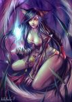  1girl ahri animal_ears armpits artist_request black_hair braid breasts cleavage energy_ball eyelashes facial_mark fingernails fox_ears fox_tail large_breasts league_of_legends lips long_hair looking_at_viewer lying multiple_tails nail_polish navel parted_lips red_nails sideboob signature slit_pupils solo strap_gap tail tassel toned very_long_hair yellow_eyes 