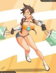  1girl bag breasts brown_gloves brown_hair cleavage full_body gloves jacket large_breasts midriff navel open_clothes open_jacket overwatch running shoes shopping_bag short_hair short_shorts shorts sinner!_(sillygirl) sneakers solo spiky_hair tracer_(overwatch) very_short_hair watermark web_address 