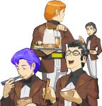  4boys bento_malus black_hair blue_hair densetsu_kyojin_ideon food glasses hatari_naburu military military_uniform moera_fatima multiple_boys orange_hair sarmatamra tekuno_gyabari uniform 