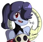  1girl bare_shoulders blue_skin breasts character_name derpcat detached_collar detached_sleeves female hair_over_one_eye red_eyes side_ponytail skull skullgirls solo squigly_(skullgirls) stitched_mouth striped striped_sleeves zombie 
