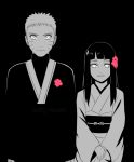  black_background couple flower formal hair_flower hair_ornament hime_cut husband_and_wife hyuuga_hinata japanese_clothes monochrome naruto naruto:_the_last nguyen_quynh_chi smile spiky_hair spoilers spot_color uzumaki_naruto wedding whiskers 