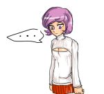  10s 1girl female kagari_(pokemon) kagari_(pokemon)_(remake) open-chest_sweater pokemon pokemon_(game) pokemon_oras purple_hair short_hair skirt solo sweater team_magma violet_eyes white_background 