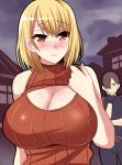  1boy 1girl ashley_graham blonde_hair blush breasts brown_hair cleavage huge_breasts leon_s_kennedy glasses_man open-chest_sweater resident_evil resident_evil_4 sweater 