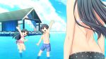  1boy 2girls barefoot black_eyes black_hair character_request fukami_nagisa game_cg highres koutaro long_hair multiple_girls open_mouth swimsuit tropical_kiss tropical_vacation twinkle_(company) water 