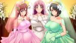  3girls bare_shoulders blue_eyes blue_hair blush breasts bridal_veil bride brown_hair church dress elbow_gloves flower game_cg gloves harem huge_breasts jewelry large_breasts looking_at_viewer multiple_girls necklace pink_hair pregnant red_eyes saiminbo short_hair smile standing sumeragi_yuusuke veil wedding_dress 