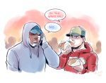  10s 2014 2boys artist_name baseball_cap black_hair cyborg cyborg_(dc) dark_skin dated dc_comics eating food hat hood hoodie hot_dog justice_league male_focus multiple_boys sen_(pixiv111638) shazam victor_stone 