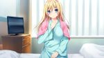  1girl bed blonde_hair blue_eyes blush breasts curtains game_cg harvest_overray large_breasts long_hair looking_at_viewer mikami_lilia nironiro pillow sitting smile solo television usume_shirou 