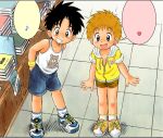  2boys blush book child male_focus mitsui_jun multiple_boys shirt shoes shorts sneakers standing t-shirt tongue 