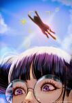  1girl animal artist_name bangs black_hair blue_sky cat clouds cloudy_sky day double_bun from_below glasses highres magion02 original round_eyewear shiny shiny_hair sky solo violet_eyes web_address 