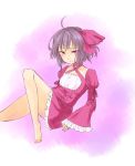  1girl ahoge barefoot bow breasts dress frilled_dress frilled_sleeves frills hair_bow legs long_sleeves miso_dengaku_(donadonaton) original pink_dress pink_eyes purple_hair red_bow sitting small_breasts solo toes wide_sleeves 