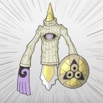  10s aegislash cleavage_cutout cyclops no_humans one-eyed open-chest_sweater pokemon pokemon_(game) pokemon_xy shield sweater sword violet_eyes weapon you&#039;re_doing_it_wrong 