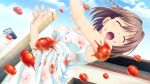  1girl brown_hair closed_eyes game_cg highres kitami_minamo koutaro open_mouth short_hair tomato tropical_kiss tropical_vacation twinkle_(company) 