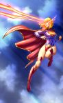  1girl blonde_hair boots cape dc_comics flying glowing glowing_eyes kryptonian laser_eyes leotard red_cape red_shoes s_shield shoes supergirl superman_(series) zhen_long 