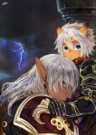  1boy 1girl :&lt; animal_ears armor blue_eyes cat_ears clouds cloudy_sky dark_skin doraeshi earrings elf elvaan facial_mark final_fantasy final_fantasy_xi frown gloves highres hug jewelry lightning_bolt long_hair looking_at_viewer looking_back mithra pointy_ears rain short_hair signature silver_hair sky spaulders upper_body 