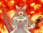  1girl ahoge arc_system_works blue_eyes breasts bridal_veil clover crazy crazy_smile dress earrings elphelt_valentine four-leaf_clover guilty_gear guilty_gear_xrd gun jewelry large_breasts open_mouth red_ribbon redhead ribbon rokuro short_hair shotgun smile solo veil weapon wedding_dress 