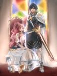  10s 1boy 1girl 2014 blue_hair braid chair couple dated detached_sleeves dress fire_emblem fire_emblem:_kakusei hairband husband_and_wife krom olivia_(fire_emblem) otoka_hisagi pink_hair ponytail sheath shoulder_guard sitting sleeveless sleeveless_dress stained_glass sword weapon 