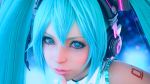  1girl 3d aqua_eyes aqua_hair eyelashes female hand_to_own_mouth hatsune_miku headset lips long_hair looking_at_viewer nail_polish realistic screencap square_enix straight_hair twintails vocaloid 