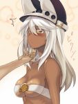  /\/\/\ 1girl bare_shoulders beltbra blush breasts collarbone colored_eyelashes dark_skin guilty_gear guilty_gear_xrd hand_on_another&#039;s_chin hat long_hair one_eye_closed ramlethal_valentine sengoku_aky sideboob solo_focus white_eyelashes white_hair yellow_eyes 