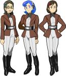  3girls bento_malus black_hair blue_eyes blue_hair boots brown_eyes brown_hair densetsu_kyojin_ideon genderswap glasses hatari_naburu military military_uniform moera_fatima multiple_girls sarmatamra uniform 