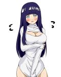  1girl blush breasts cleavage cleavage_cutout embarrassed hime_cut hyuuga_hinata iwaserie lavender_eyes naruto open-chest_sweater purple_hair shirt_pull sweater turtleneck 