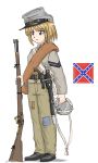  1girl american_civil_war bayonet belt blanket blonde_hair blue_eyes canteen commentary confederate_flag confederate_states_of_america ernest flag gun handgun hat highres holding military military_uniform musket original patches revolver short_hair simple_background soldier solo standing uniform weapon white_background 