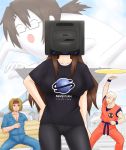 2boys 2girls agohige ben-tou black_shirt bozu breasts brown_hair chapatsu city curvy dragon_ball faceless faceless_female game_console ghost glasses krillin kuririn long_hair mask multiple_girls neck object_on_head oshiroi_hana sega sega_saturn shirt what