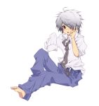  1boy bad_id barefoot child feet lag_seeing male_focus necktie on_(snow77) pants shirt short_hair simple_background sitting solo tegami_bachi toes white_background 