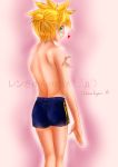  1boy blonde_hair blush child green_eyes heart kagamine_len kagerou_(kageroukan) male_focus pink_background shorts simple_background solo standing topless translation_request vocaloid 