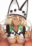  1girl blonde_hair breasts cloak dark_skin guilty_gear guilty_gear_xrd hat incoming_hug looking_at_viewer outstretched_arms ramlethal_valentine ryuushaku solo under_boob yellow_eyes 
