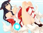  1girl ahri animal_ears artist_request bare_shoulders black_hair breasts cleavage energy_ball fox_ears fox_tail league_of_legends long_hair open_mouth ribbon skirt solo tail yellow_eyes 