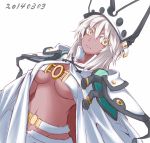  1girl belt beltbra breasts cape cleavage colored_eyelashes dark_skin dated groin guilty_gear guilty_gear_xrd hat kuro_goma_(kakkou11) long_hair looking_away mound_of_venus navel ramlethal_valentine short_shorts shorts simple_background solo under_boob white_background white_hair whitesesame yellow_eyes 