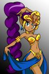  1girl alternate_costume alternate_hairstyle armor bikini_armor blue_eyes braid breasts cleavage dancer dark_skin earrings eyelashes forehead_jewel head_tilt jewelry loincloth long_hair looking_at_viewer lots_of_jewelry matt_bozon midriff navel neck_ring official_art pointy_ears ponytail purple_hair shantae shantae:_risky&#039;s_revenge shantae_(character) showgirl_skirt simple_background single_braid slender_waist smile solo tiara very_long_hair wayforward 