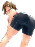  1girl ass bending_forward bike_shorts blush brown_hair hair_ornament heavy_breathing idolmaster idolmaster_cinderella_girls mimura_kanako open_mouth solo sweat tired wince zanzi 