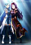  10s 2014 2girls ahoge asuna_(sao) blue_eyes blue_hair closed_eyes facing_viewer female full_body grin highres looking_at_viewer multiple_girls official_art open_mouth purple_hair smile sword_art_online tagme v yuuki_(sao) 