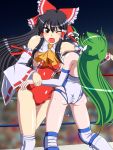  2girls arm_grab ascot ass bow breasts brown_eyes brown_hair crotch_seam detached_sleeves fighting frog_hair_ornament green_hair hair_bow hair_ornament hair_ribbon hair_tubes hairclip hakurei_reimu knee_pads kochiya_sanae lariat leotard long_hair multiple_girls necktie new_japan_pro_wrestling noppo-san okada_kazuchika one_eye_closed open_mouth ribbon sideboob sidelocks sleeves snake_hair_ornament sweat touhou wrestling wrestling_outfit wrestling_ring 