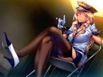  1girl blonde_hair blue_eyes blush breasts bubuzuke cell chair cleavage dark_skin gal_kanshu_rina-chan_no_m_otoko-ka_seikyouiku_shidou game_cg garter_straps gloves hat high_heels large_breasts legs legs_crossed long_hair looking_at_viewer mole police police_uniform policewoman sitting skirt smile solo thigh-highs thighs uniform whip 