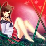  1girl animal_ears bamboo bare_legs bare_shoulders barefoot blush breasts brooch brown_hair cleavage collarbone dress imaizumi_kagerou jewelry long_hair looking_at_viewer open_mouth red_eyes shounen_(hogehoge) solo touhou wolf_ears 