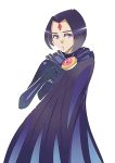  1girl clasp cloak dc_comics elbow_gloves facial_mark forehead_jewel forehead_mark gloves long_sleeves purple_hair raven_(dc) short_hair simple_background solo teen_titans violet_eyes white_background 