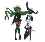  2girls black_hair black_legwear blush breast_press breasts brown_eyes clone dark_persona dark_skin derpcat extra_mouth eyeshadow female filia_(skullgirls) fukua_(skullgirls) futakuchi-onna green_hair green_legwear green_lipstick grey_eyes highres large_breasts lips lipstick living_hair long_hair looking_at_viewer makeup miniskirt multiple_girls necktie open_mouth parasite parted_lips pleated_skirt prehensile_hair red_eyes samson_(skullgirls) school_uniform shamone_(skullgirls) sharp_teeth shirt_pocket simple_background skirt skullgirls smirk symmetrical_docking teeth tentacle_hair thick_thighs thigh-highs thighs white_background yellow_eyes yellow_sclera zettai_ryouiki 