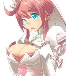  1girl ahoge arc_system_works blue_eyes blush breasts bridal_veil cleavage clover dress earrings elphelt_valentine four-leaf_clover gloves guilty_gear guilty_gear_xrd huge_breasts jewelry open_mouth red_ribbon redhead ribbon rokuro shiny shiny_skin short_hair solo spikes veil wedding_dress 