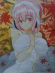  1girl absurdres autumn_leaves blush breasts folded_ponytail headphones highres large_breasts leaf long_hair looking_at_viewer maple_leaf nitroplus pink_hair red_eyes smile solo super_sonico towel towel_on_head 