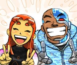  1boy 1girl alien alternate_costume closed_eyes cyborg cyborg_(dc) dark_skin dc_comics double_v hood hoodie open_mouth smile starfire teen_titans teeth v victor_stone 