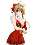  1girl absurdres amagi_brilliant_park bare_shoulders blush breasts brown_eyes brown_hair christmas cleavage hair_ribbon highres large_breasts long_hair looking_at_viewer ponytail ribbon sento_isuzu simple_background source_request standing white_background yellow_eyes 