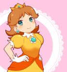  1girl blue_eyes brown_hair chairoino_ino crown dress earrings female gloves hands_on_hips jewelry nintendo princess_daisy short_hair smile solo super_mario_bros. super_mario_land 